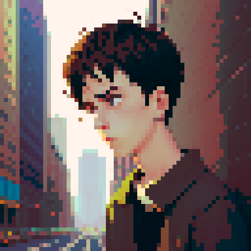 portrait, sprite art, young man, sad, narrow eyes, muted colors, depressed, city dweller, neutral, eccentric