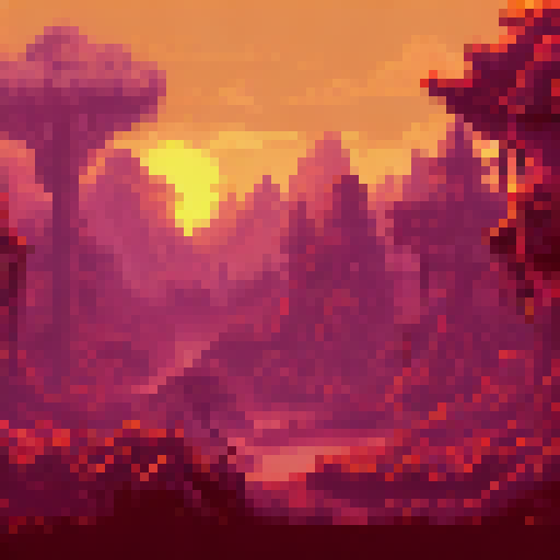 Dark, twisted trees loom overhead, casting eerie shadows on the misty forest floor, while in the distance, a foreboding mountain range rises ominously against the blood-red sky