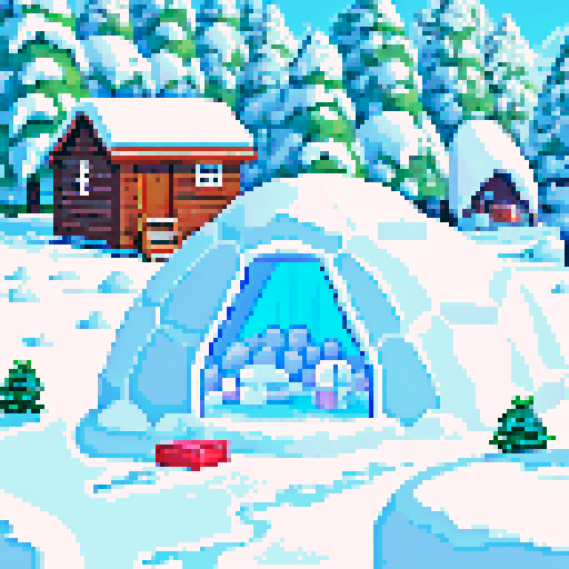 snowy mountain range, igloo, campsite, cold, pixel art, sRGB