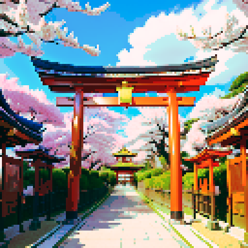 Golden shinto shrine, vibrant cherry blossom trees, traditional architecture with intricate details, shinto torii gate adorned with golden decorations, a pixel art golden cuboid positioned behind the gate, golden lanterns illuminating the scene in sRGB colors