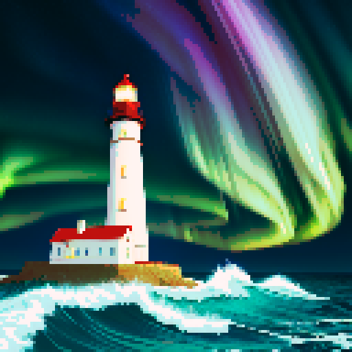 white lighthouse standing tall, vibrant aurora dancing in the sky, sparkling sea waves