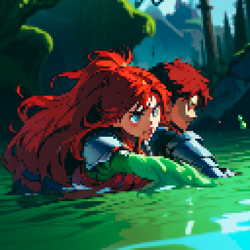 hero sinking into slime, hero drowning in slime, hero has red hair, hero has silver armor