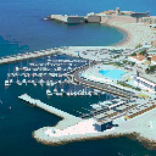 oeiras city, vibrant colors, bustling marine dock, pixelated buildings, animated waves, sun-kissed sky, sRGB palette