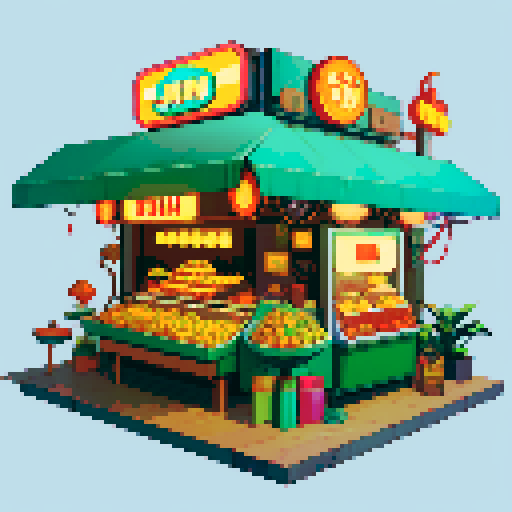 Isometric food stall, retro-futuristic style. Large neon sign on top that says “DURIAN”. Has a large durian fruit on top of the stall. Set at night. 