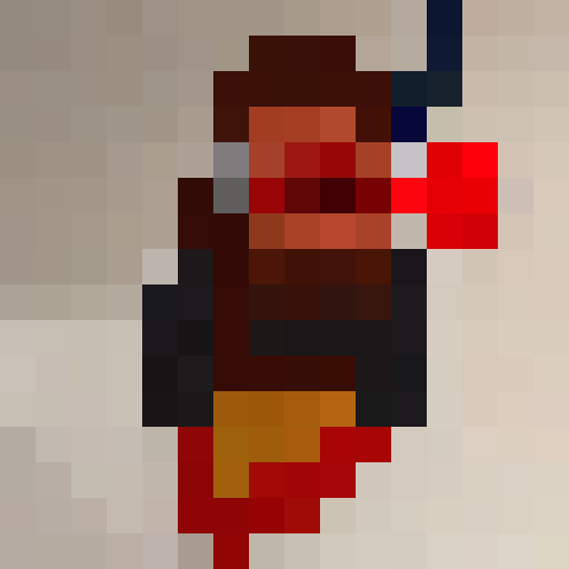 Create a full-body 16x16 pixel portrait of a towering, muscular warrior adorned in gleaming golden armor, wielding a massive silver sword with glowing blue runes etched into the blade, standing atop a jagged mountaintop with a stormy sky in the background.