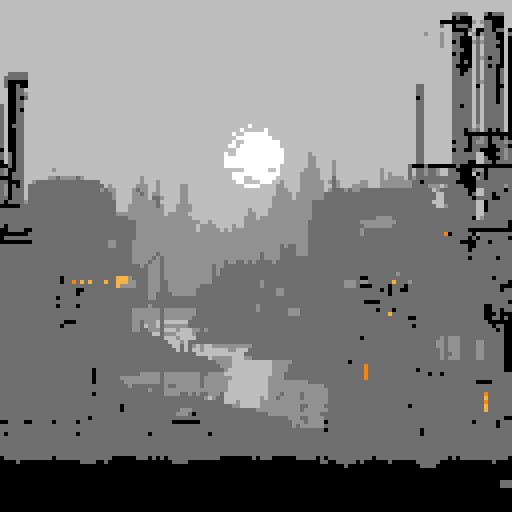 Abandoned factory, dimly lit, eerie atmosphere, glowing moonlight, sRGB, pixel art, background, landscape