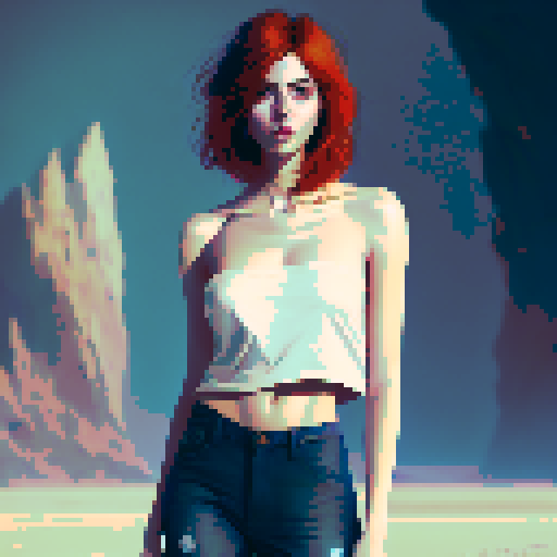 beautiful young woman, redhead, bobcut, strapless shirt, jeans, high heels, beach, smile