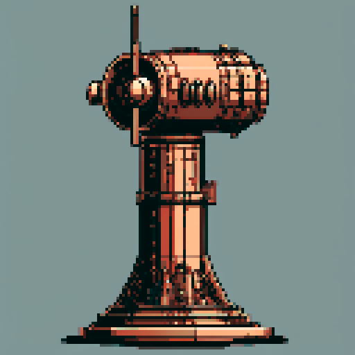 I want a tall vertical copper structure reminiscent of the gun on top of a turret. The design should be relatively simple. I also want this object usable as an asset in a videogame, meaning only one object per image, outlined with a strong black stroke, on a solid-color background.