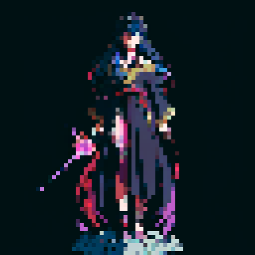 legendary anime girl wizard, floating above the ground, long flowing hair, dark and emo colors, glowing magical staff, intricate and ornate robes, intense and focused expression looking to the right, not wearing shoes, sparkling and shimmering background, sRGB