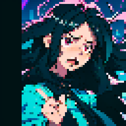 long-haired man, disheveled appearance, wide-eyed, frenetic energy, flushed cheeks, erratic movements, twitching, dilated pupils, sleep-deprived, dark circles under eyes, animated expressions, exaggerated hand gestures, vibrant colors, jagged edges, pixelated representation, 8-bit aesthetic, retro-inspired, sRGB color palette