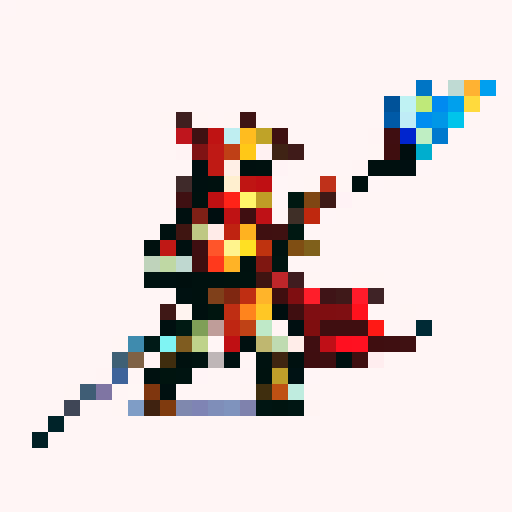 Flaming lance ablaze, armored hero charges with gritted teeth, surrounded by swirling inferno, pixelated flames licking at the edges of the screen, intense and vibrant colors, skillfully crafted close-up portrait