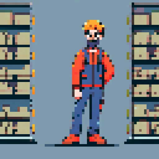 young, bearded, male warehouse worker, Amazon Germany, pixel art