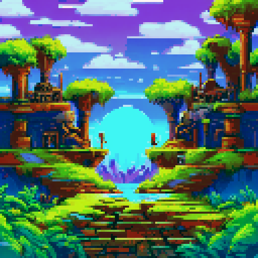 Futuristic post-apocalyptic level design with ancient ruins and advanced tech. Decayed metallic structures, broken machinery, overgrown plants, and glowing neon accents in Cyan (#00FFFF) and Purple (#8A2BE2). Dark gray and rusted metal textures dominate the environment. Use vibrant electric colors for technology remnants. Shadows and lighting create contrast for depth. Include broken walls, pipes, and floating platforms, with hints of distant, destroyed cities or landscapes in the background