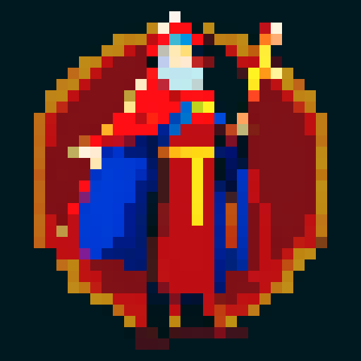 Wizard, with a flowing red cape and a vibrant blue robe, gripping a brown staff, rendered in intricate pixel art with vibrant sRGB colors