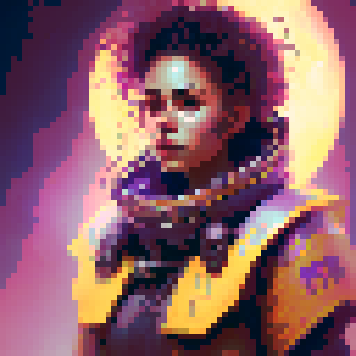 strong, busty, pixelated tavernkeeper woman portrait with non-vibrant colors, emphasized facial features