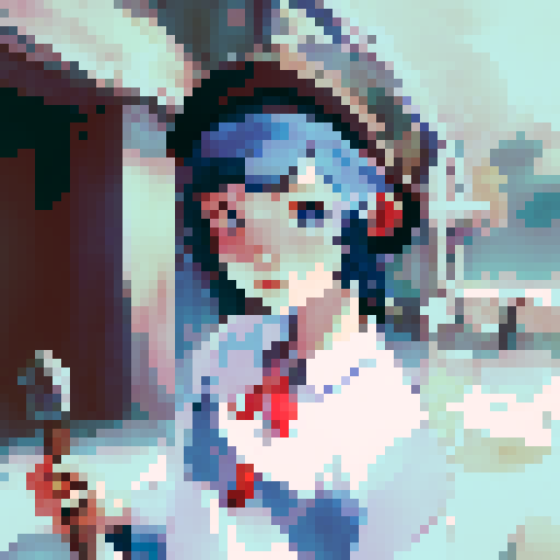 Profile picture, a young girl, rounded face, blue eyes, short black hair, white shirt, beige hat, red neck ribbon, holding an incense stick, dark night time in the forest background, midnight, dark forest