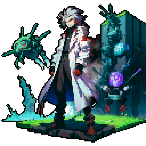 full-body image mad scientist facing left, ready to fight, robot backdrop