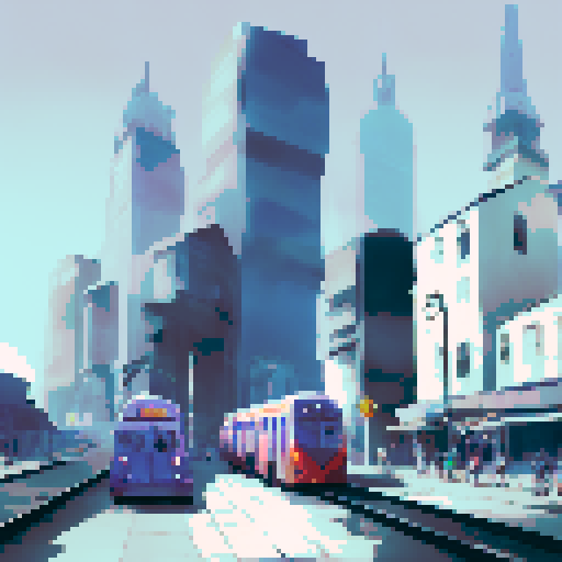 A city, subway, buses, skyscrapers, black and white