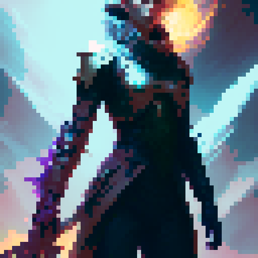 female swordsman, tall and confident, wielding a gleaming sword, standing defiantly before a towering, otherworldly space monster, its grotesque form shrouded in darkness, a scene straight out of a captivating fantasy RPG like Phantasy Star, smooth render, high def