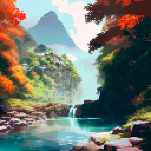 Craggy waterfalls cascade into crystal-clear lakes amidst lush vegetation in a stunning landscape portrait of an ancient city at the bottom of a rocky precipice.