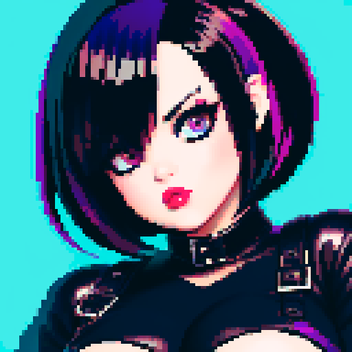 curvy, busty goth girl, whole head portrait, face portrait, close up, leather bikini, modern tile backsplash, vivid colors, pixel art, sRGB