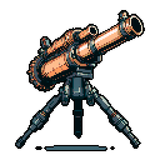 I want a big copper minigun viewed from from the side. It should not be on a stand but instead floating in the center of the frame. It should have strange mechanical details that could interlock with others. I want this object usable an asset in a videogame, meaning only one object per image, outlined with a strong black stroke, on a solid-color background. 