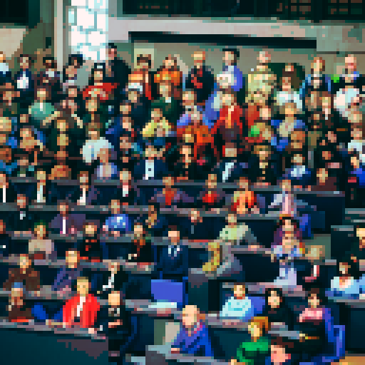 Wide shot of delegates arguing inside of German Federal Parliament, live TV coverage, vibrant colors, pixelated details, retro video game aesthetic, animated pixel art, intricate pixel patterns, dynamic lighting, immersive atmosphere, animated gestures, traditional German clothing, historical significance