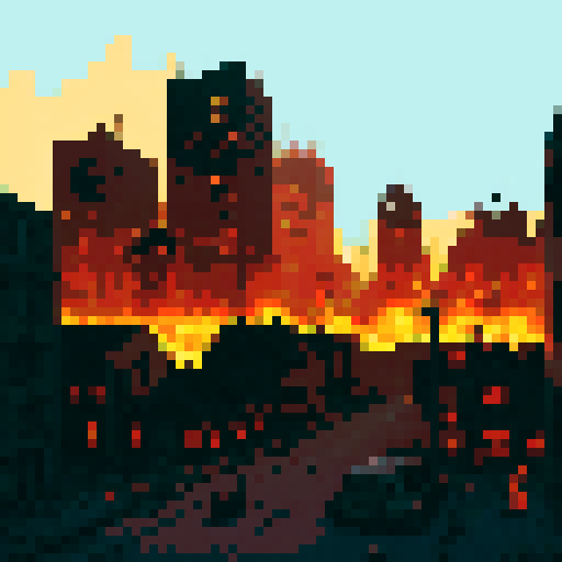 an apocalyptic scene of a large city that's dilapidated and has burning buildings