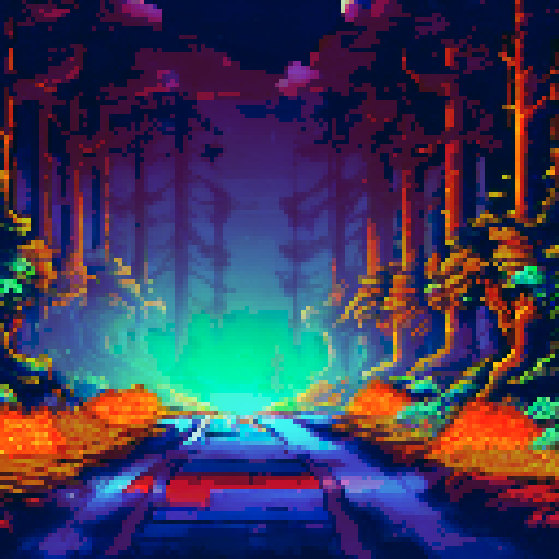 Forest ablaze with lightning bolts illuminating the night sky, casting shadows of towering trees on the pixelated landscape