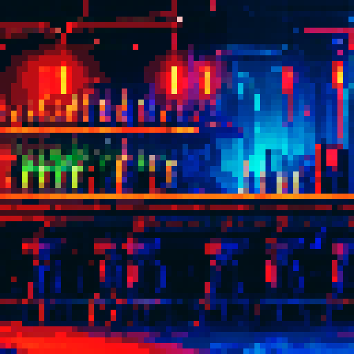 Create a pixel art illustration of a cyberpunk bar with a detailed bar counter. The scene should have a side-scroll perspective, capturing the bustling atmosphere typical of 2D games. 16 bit. Make sure to include neon lights, futuristic decor, and characters interacting within the bar. The image should have a trendy and stylish aesthetic, reflecting the vibrant and edgy nature of the cyberpunk genre.