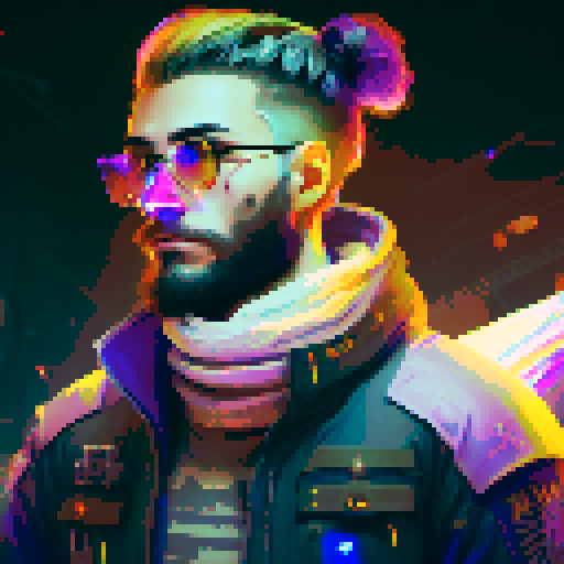 Bearded warrior in a flannel shirt wields dual axes in front of a glowing computer screen, surrounded by neon-colored magic spells