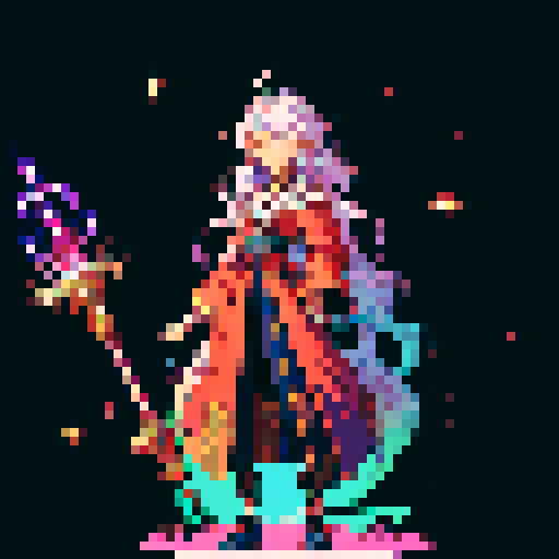 legendary anime girl wizard, long flowing hair, vibrant and dynamic colors, glowing magical staff, intricate and ornate robes, intense and focused expression looking to the right, not wearing shoes, sparkling and shimmering background, detailed and precise pixel art
