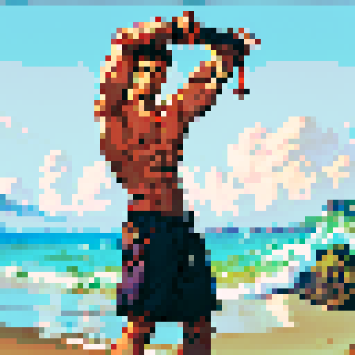 uncaring, shirtless man, flexing muscles, beach, pixel art, sRGB