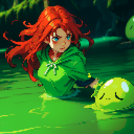 hero sinking into slime, hero drowning in slime, hero has red hair