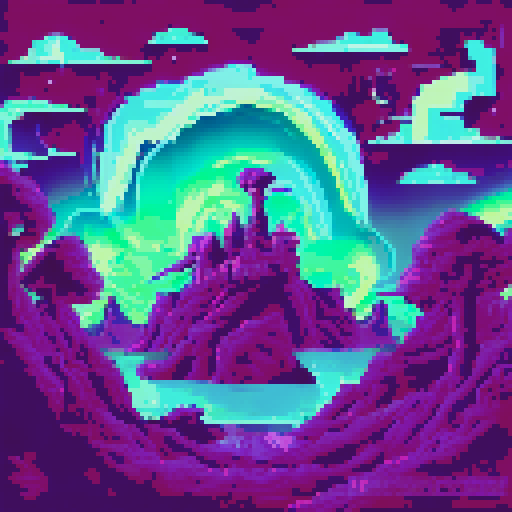 hyperrealistic silhouette of a black cat, galaxies and stars covering the night sky, aurora borealis, pixel art, sRGB