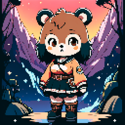 A graphic depiction of a chubby bear in retro 1995 anime style, chibi form, with expressive black eyes and brown fur, styled with long twin pigtails. Wearing magical clothes with intricate belts and patches. Background of a wild magic night with a dark waterfall and bright stars. Created Using: classic anime aesthetics, detailed magical garments, enchanting night setting, vivid portrayal, star reflections, dynamic composition, hd quality --ar 2:3 --v 6.0