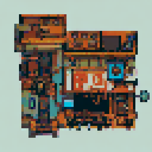 Pixel art building designs for a story-driven point and click game, inspired by dystopian nature overgrown buildings and japanese city architecture. Use Igor Lashtabega, butterberrycafe, and similar artists as inspiration. Create such a building design with neutral colored background