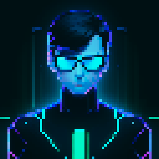 A modern, tech-inspired male coder with glowing lines, matrix-style code, and pixelated effects in the background Dark theme with shades of black, gray, and neon blue or green Innovative and futuristic pixel art in sRGB