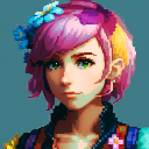 stardew valley inspired, female character, vibrant colors, pixelated style, rural farm setting, blooming flowers, vintage clothing