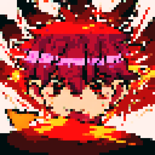 Demon slayer wielding a glowing sword, with fiery eyes and spiky hair, against a dark, pixelated background, in a character portrait close-up rendered in anime style.