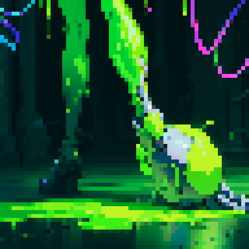 floor covered in neon green goo, hero getting stuck in goo