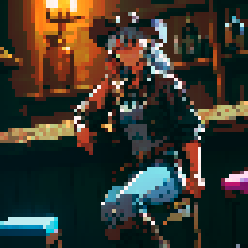 Dusty, weathered cowboy boots with spurs and worn leather chaps, sitting atop a pixelated wooden bar stool in a dimly lit, Western-style saloon, crafted with a 2D top-down view using a pixel art tileset in the sRGB color space