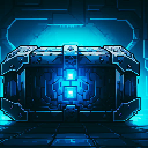 mystery box, stone, metall, shiny, pixel art, sRGB, vibrant colors, glowing lights, intricate patterns
