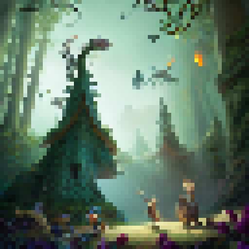 A wooden chess pawn, adorned with intricate carvings and glowing runes, stands valiantly in a mystical forest as dragons and unicorns fly overhead, surrounded by a band of adventurers wielding swords and spells.