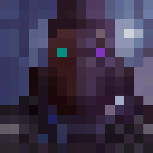 Pixelated glasses reflect a beaming, blue-eyed gaze; a small, upturned nose and rosy cheeks add youthful charm to the 16x16 pixel portrait.