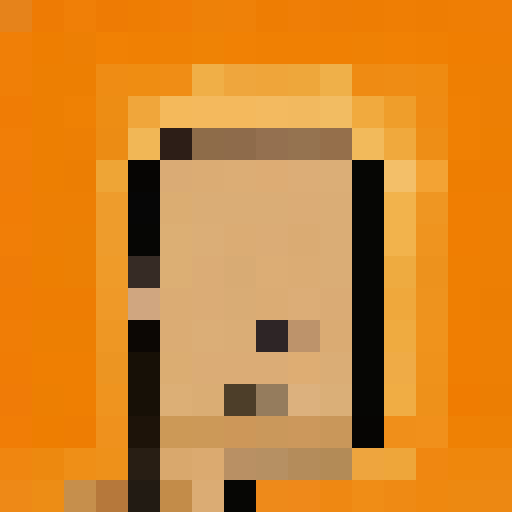 A pixel art portrait of a person with a neutral expression, featuring a minimalist design with light skin tone, brown eyes, and black hair. There are shiny spots on the forehead and cheek to indicate lighting, set against a solid orange background. The style is reminiscent of early video game characters, with a square aspect ratio.