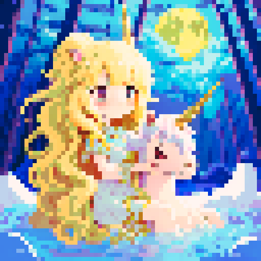 unicorn woman hybrid with cloven hooves, ethereal mane flowing, delicate golden horn, playful expression, bathed in the moons glow in a forest, clear detail, pixel chibi art style
