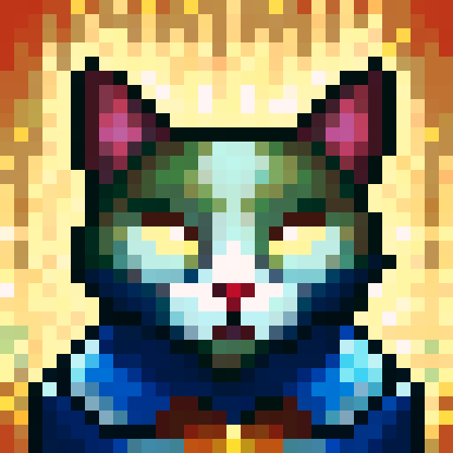 silly cat, game icon, 32x32 pixel art, sRGB, skill art, close up, portrait, vibrant colors, mischievous expression, exaggerated whiskers, playful background, cartoonish style