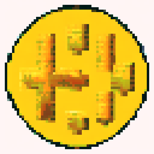 Pixelated gold retro game coin, sparkling and shimmering, surrounded by vibrant 8-bit flowers and trees, set against a nostalgic sRGB pixel art background depicting a serene and captivating landscape