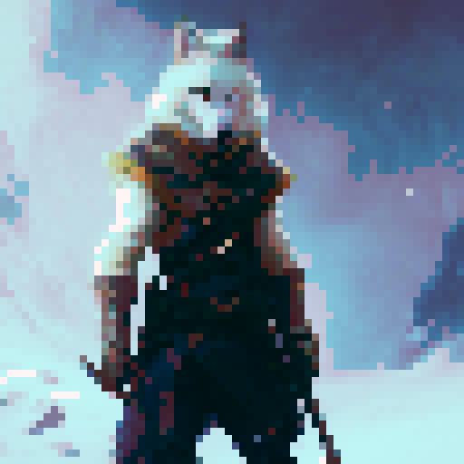 In the picturesque Norse medieval village stands a fearless Nordic warrior, with golden hair and a mighty beard. Wielding two axes, one in each hand, he exudes power and determination. His attire consists of rugged leather garments, adorned only with a leather shoulder guard on his right shoulder. A significant portion of his strong physique is exposed, showcasing his formidable strength.

By his side walks his loyal companion, a majestic white wolf. The wolf's eyes gleam with ancient wisdom as 